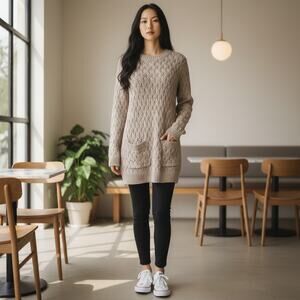 Jeanne Pierre Sweater Knit Tunic Basketweave Tan Medium Pockets 100% Cotton Boho